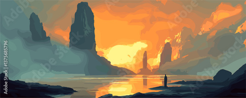 Majestic sunset over serene lake with silhouette of lone figure - vector.
