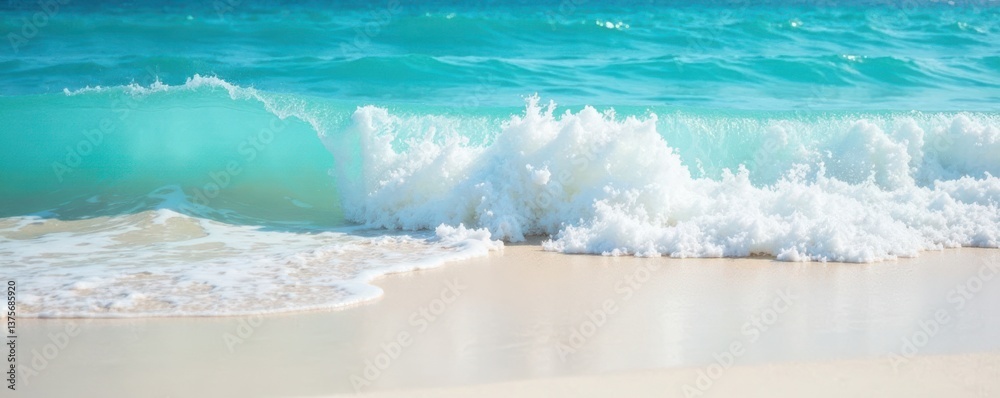 Fototapeta premium Soft blue ocean wave washing over the fine white sand of a tropical beach , ocean wave, white sand