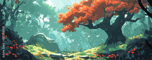 Majestic red-leafed tree in sunlit forest clearing - nature vector.
