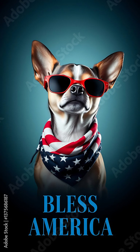 Chihuahua, dog, red sunglasses, American flag scarf, generative AI, 14th July celebration, soft light blue background, BLESS AMERICA. Created by generative AI.