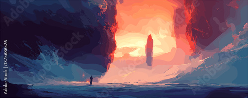 Surreal sunset landscape with tower and two explorers in vast canyon - vector.
