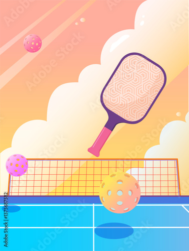 Pickleball game with a paddle and perforated balls in mid-air over a blue court, set against a warm, pastel-colored sky with clouds, symbolizing energy, fun, and outdoor activity