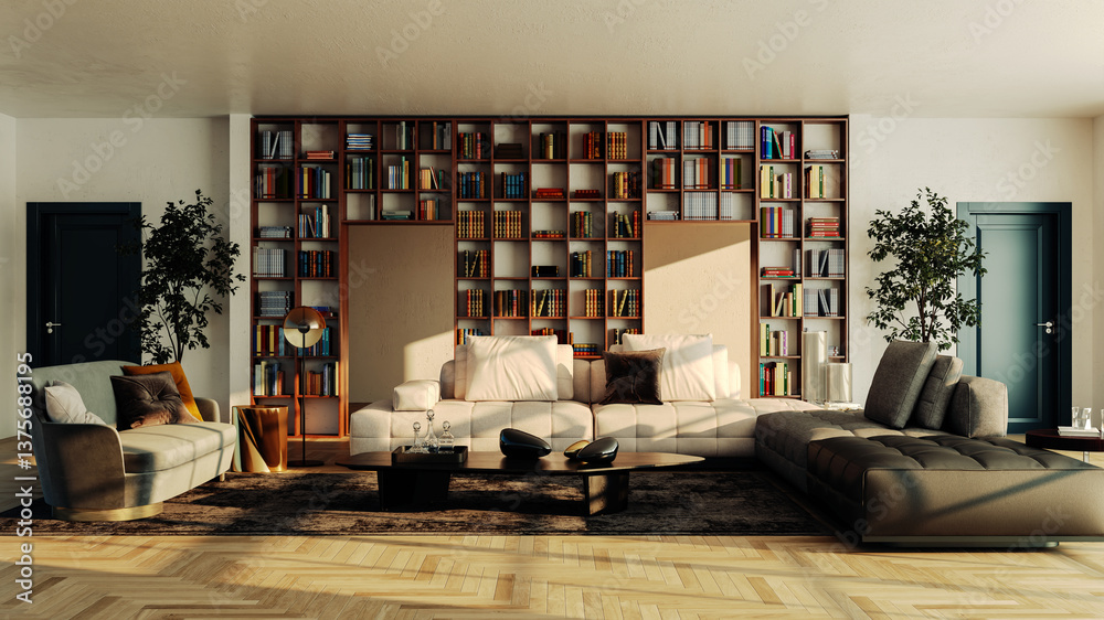 Naklejka premium Large luxury modern bright interiors Living room mockup illustration 3D rendering image