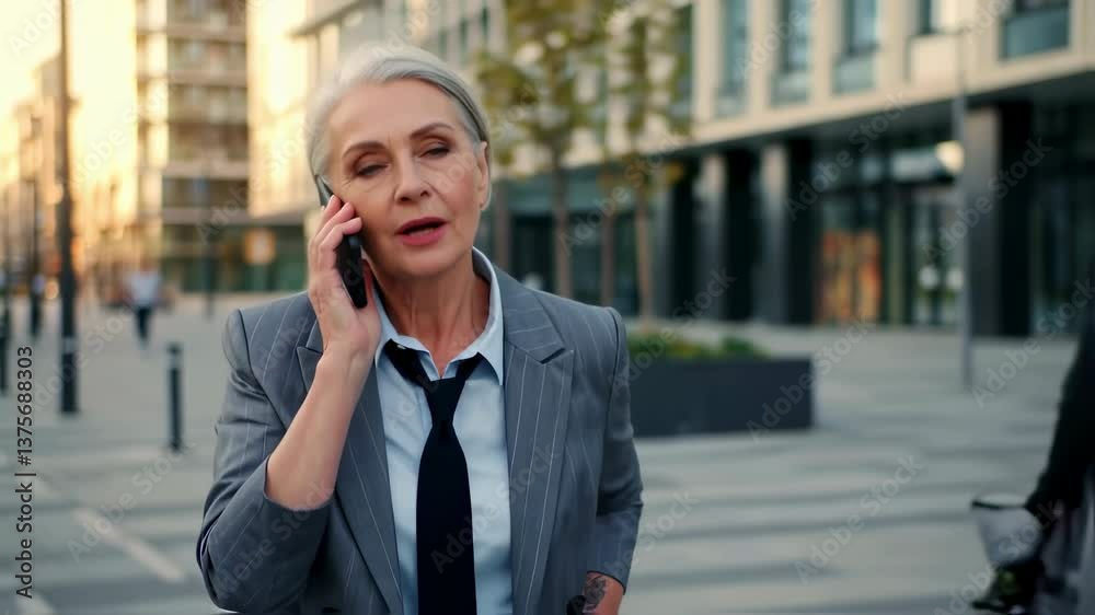 A mature woman in a business suit is talking on her cell phone A mature woman in a business suit is talking on her cell phone