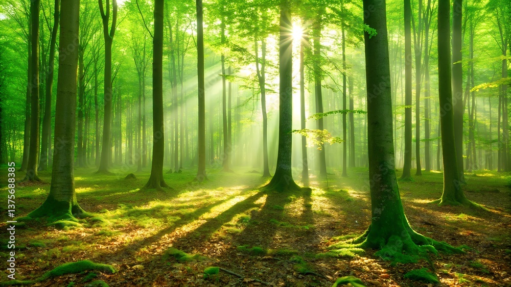 Sunlight beams shining through dense green forest in spring, peaceful nature scene ideal for eco, wellness, and environmental themes Sunlight beams shining through dense green forest in spring, peaceful nature scene ideal for eco, wellness, and environmental themes