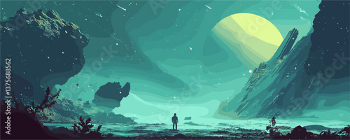 Futuristic alien landscape with lone traveler and giant moon, green tones - vector.