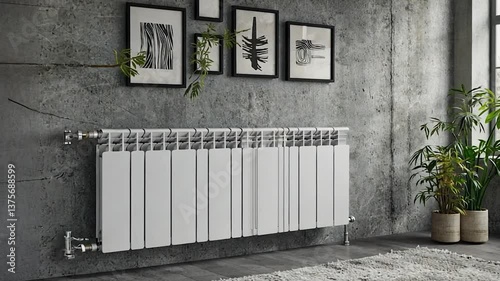 White Radiator Heater Against Gray Concrete Wall with Picture Frames