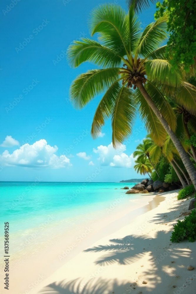 Obraz premium Warm sandy shore with swaying palm fronds and turquoise waters, warm sand, tropical