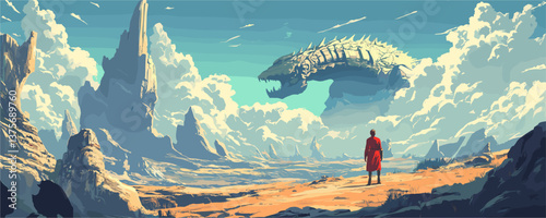 Majestic landscape with floating dragon and lone figure in desert vector.
