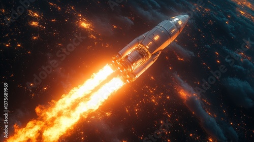 Rocket launching into space with fiery exhaust and glowing city lights below, encapsulating human exploration and innovation