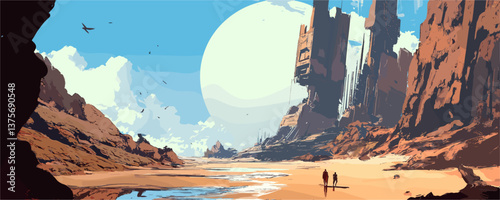 Sci-fi landscape with two figures in desert canyon and monolithic structures - vector.