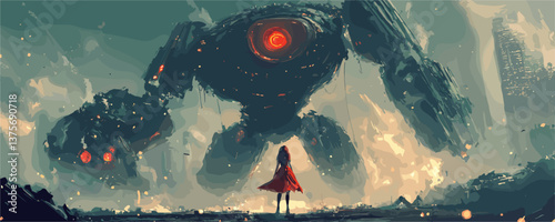 Mysterious woman confronts giant robot in apocalyptic landscape - vector.
