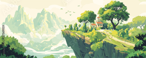 Scenic cliffside with villa and lush trees overlooking mountains and birds - vector.
