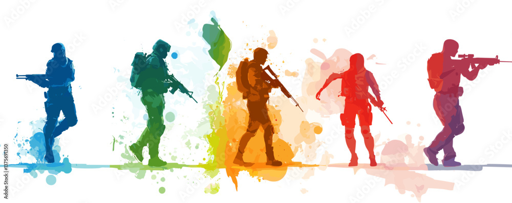 Colorful silhouette soldiers in action with paint splatter background - vector.