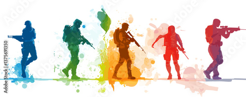Colorful silhouette soldiers in action with paint splatter background - vector.