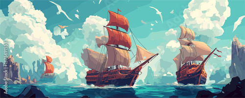 Majestic sailing ships on vibrant ocean with seagulls and cliffs - vector.