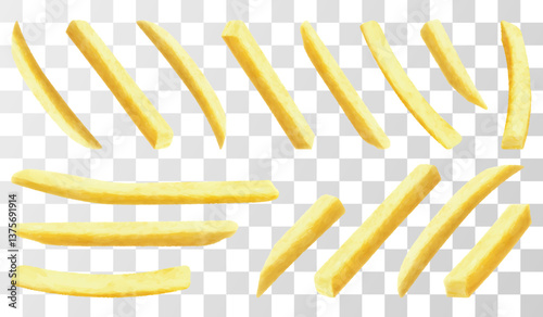 Set of french fries. Roasted potato in deep fat fry oil potatoes. Yellow sticks from different angles, isolated on white background. Fast Food. Unhealthy tasty food. Realistic 3d vector illustration.