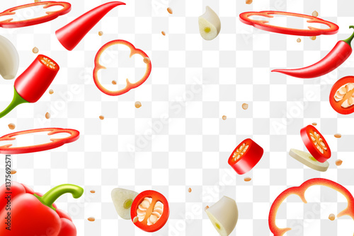 Flying hot chili pepper, bell pepper and garlic cloves on transparent background. Spicy vegetables. Red chili pepper, garlic and green onion, Vector realistic in 3D illustration.
