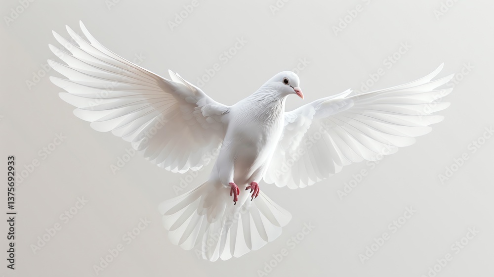 Obraz premium A beautiful white dove is flying with its wings spread wide. The dove is a symbol of peace and hope.