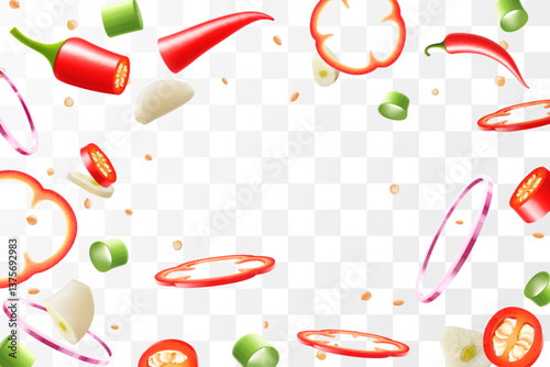 Flying hot chili pepper, bell pepper and garlic cloves on transparent background. Spicy vegetables. Red chili pepper, garlic and green onion, Vector realistic in 3D illustration.