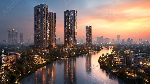 Sunset cityscape with modern skyscrapers and waterfront villas reflecting in calm water.