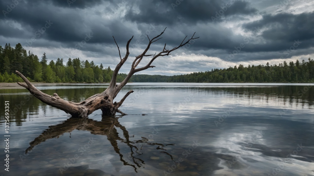 Fototapeta premium Driftwood in Calm Lake Water Under a Cloudy Sky Landscape