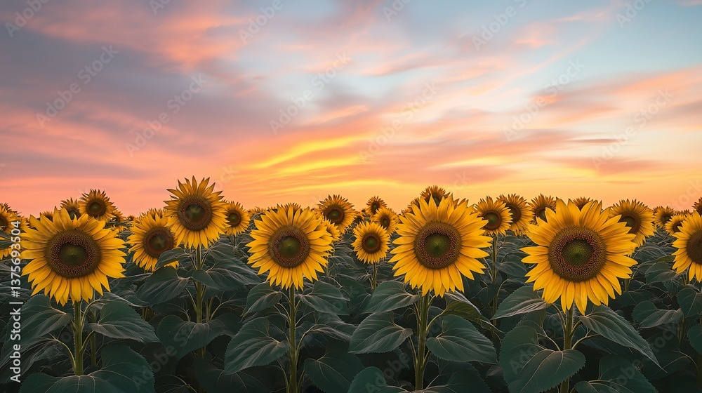 Fototapeta premium A field of sunflowers stretching endlessly under a pastel-colored sky.