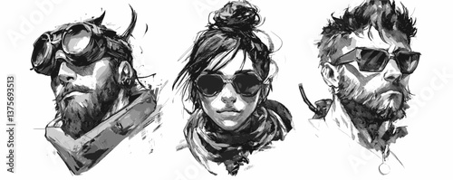 Stylish individuals with sunglasses and scarves in black and white grayscale portraits, vector.