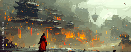 Futuristic oriental cityscape with figures in red attire amid foggy atmosphere - vector.
