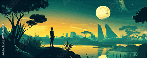 Silhouette of person by tranquil lake under starry sky and moon landscape - vector.