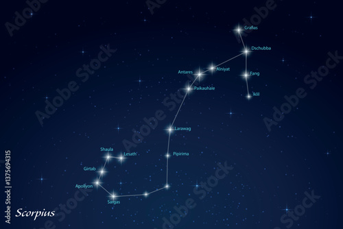 Scorpius Constellation with Star Names in Night Sky