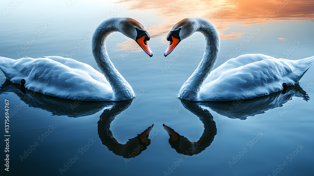Fototapeta premium Two Swans Forming Heart Shape on Calm Water at Sunset