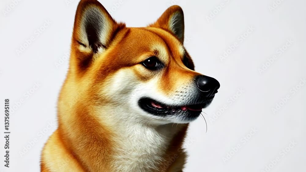 Close Up Red Shiba Inu Dog Portrait Against White Background