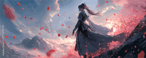 Samurai warrior in flowing robes amidst falling petals and misty mountain landscape - vector.