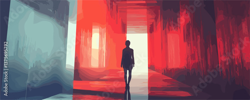 Silhouetted person in abstract colorful hallway with vibrant lighting - vector.