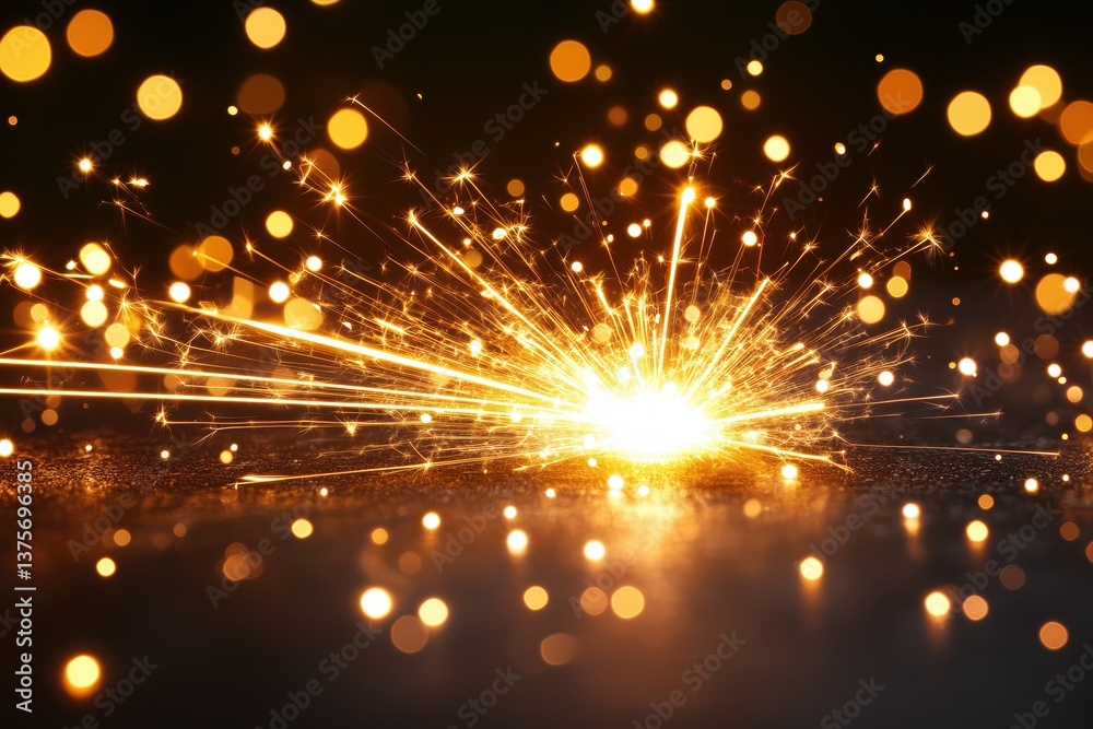 Fototapeta premium A bright yellow sparkler is lit up in the dark. The sparkler is surrounded by a lot of bright, glowing lights. Concept of excitement and energy