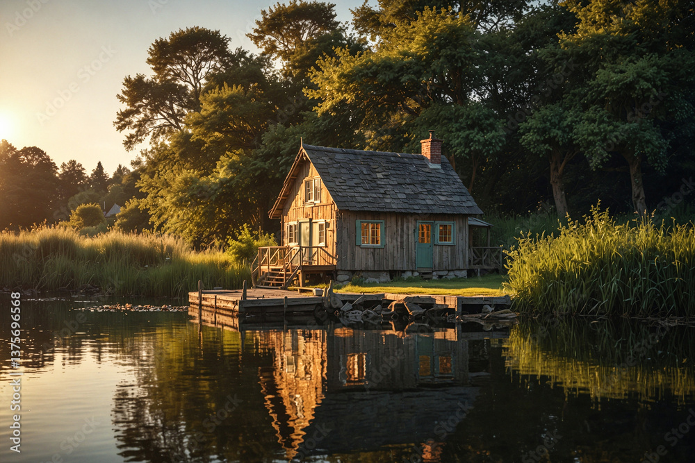 Fototapeta premium Rustic Wooden Cabin on Lake Shore at Golden Hour