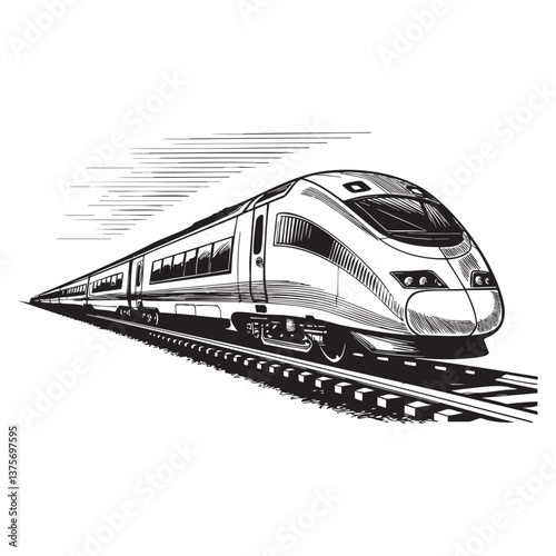 Modern high speed train woodcut engraving vector illustration