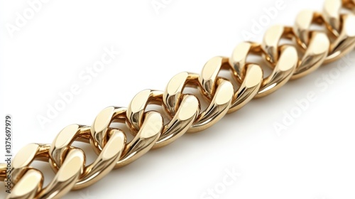 Close up view of a luxurious gold curb chain necklace on white background Stylish and elegant gold jewelry detail