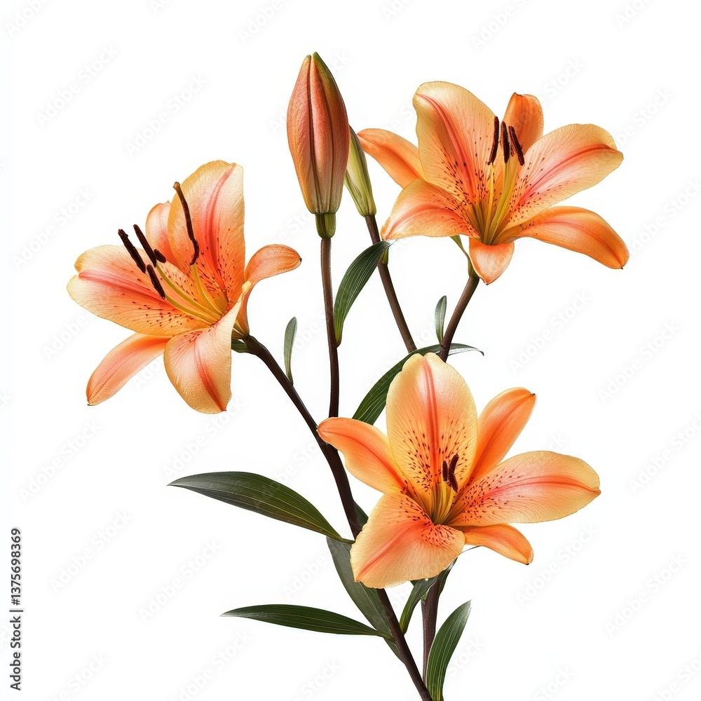 Fototapeta premium Stunning Orange Lilies Bouquet Three Blooming Flowers with Buds on a Branch Isolated on White Background