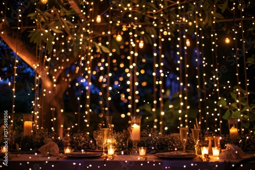 A romantic dinner setting under a canopy of fairy lights strung through tree branches, A magical and enchanted backdrop with fairy lights and glittering accents