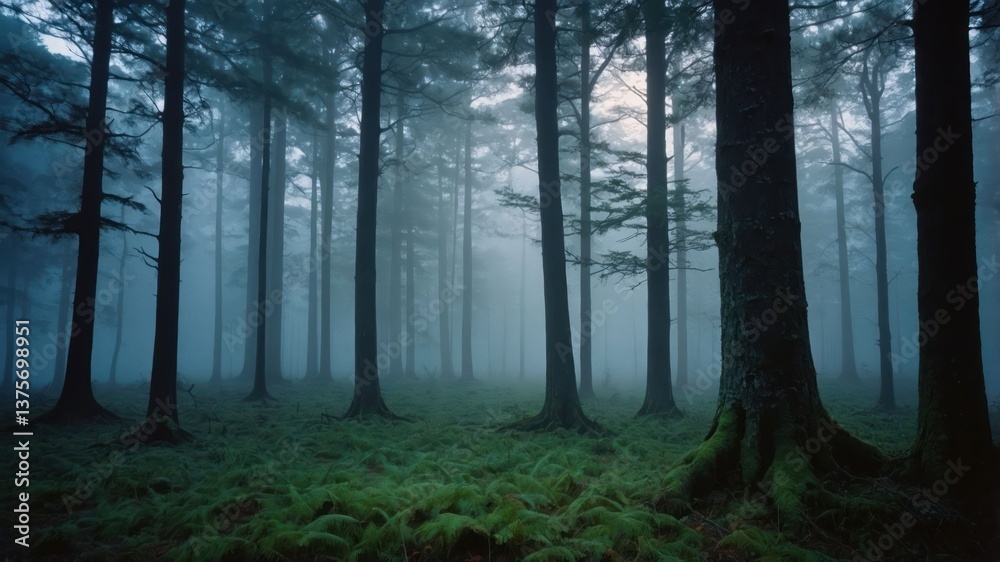 Naklejka premium Walking Through Forest with Fog and Mossy Ground Cover Background