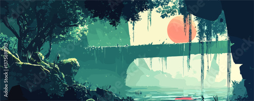 Serene forest landscape with bridge and sunlit lake at dusk – vector.