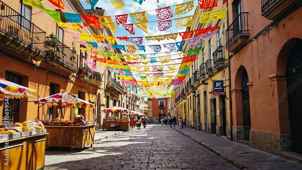 Colorful Banners Hanging Over a Street in Oaxaca, Mexico with Market Stalls