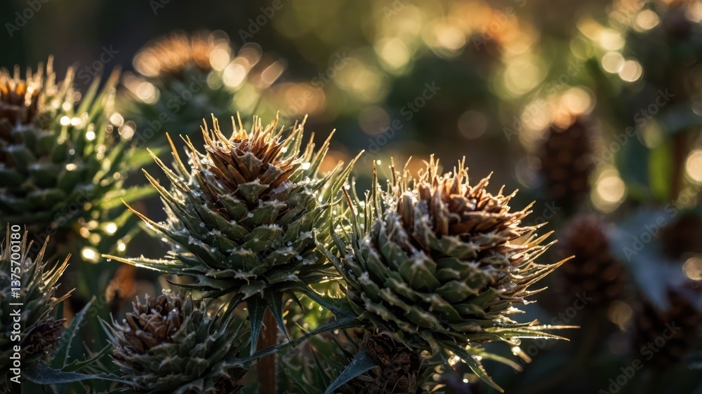 Thistle plant closeup with dew drops and soft morning light Thistle plant closeup with dew drops and soft morning light