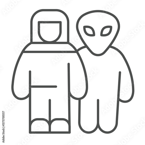 Alien with astronaut thin line icon, cosmos concept. Vector graphics. Spaceman human and humanoid alien sign on white background, outline style icon for mobile or web design.