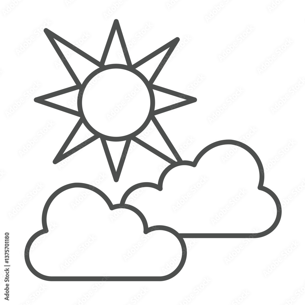 Clouds and sun with light rays thin line icon, climate change concept. Vector graphics. Sunny weather sign on white background, outline style icon for mobile or web design. Clouds and sun with light rays thin line icon, climate change concept. Vector graphics. Sunny weather sign on white background, outline style icon for mobile or web design.