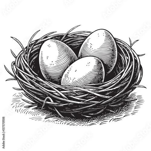 Eggs in the nest woodcut engraving vector illustration