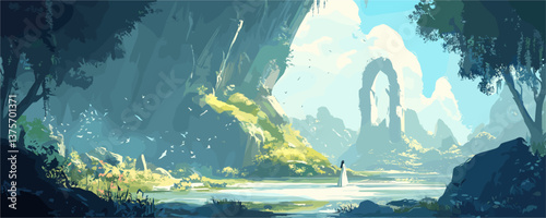 Serene fantasy landscape with waterfall and lone traveler in a lush valley, vector.