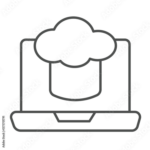 Laptop with chef hat thin line icon, culinary concept. Vector graphics. Chef cooking blog website sign on white background, outline style icon for mobile or web design.